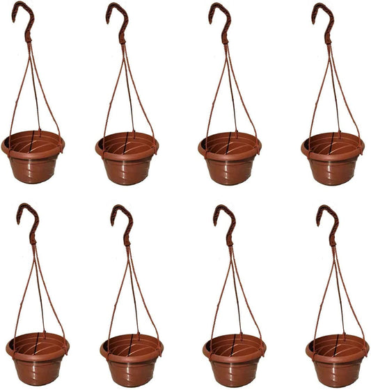PALROTOP 8 Pack Small Plastic Hanging Planters, 7 Hanging Flower Plant Pots Basket Planter Holder Round Hanging Containers for Outdoor Indoor Plants Garden Balcony Decoration, Brown-