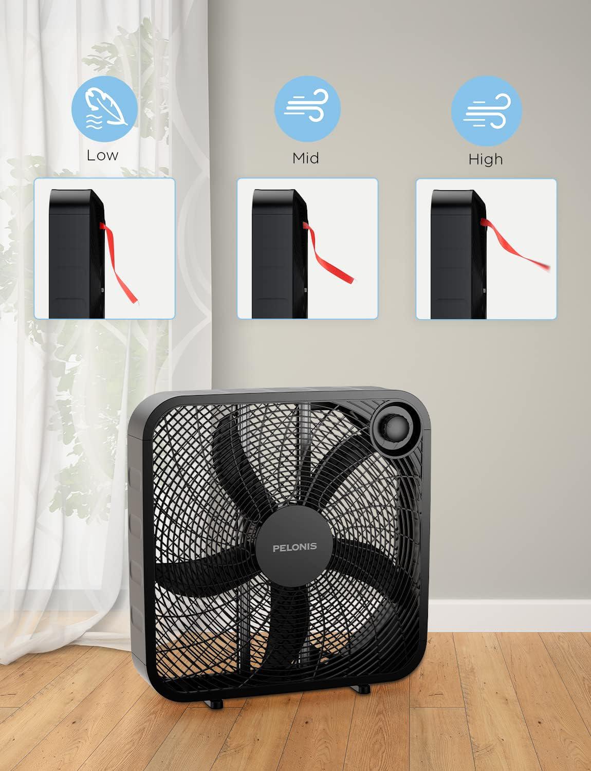 3-Speed Box Fan For Full-Force Circulation With Air Conditioner, Upgrade Floor Fan, Black