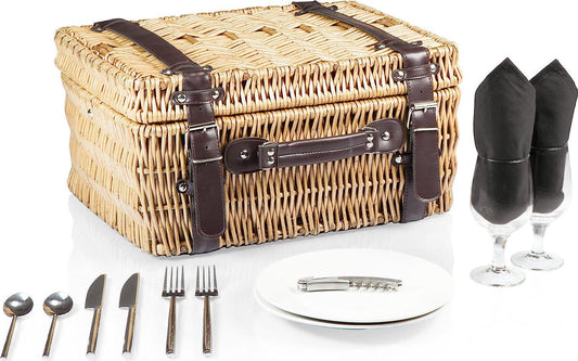 PICNIC TIME Champion Picnic Basket for 2, Large Wicker Hamper Set with Cutlery Service Kit (Black with Brown Accents)-