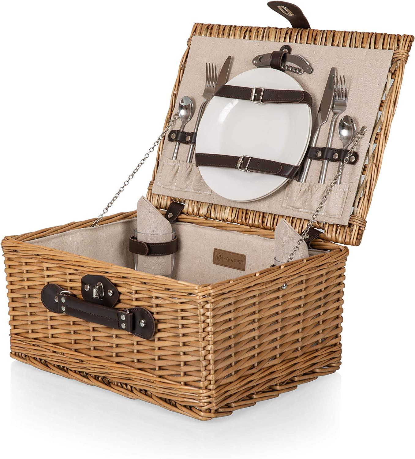 PICNIC TIME Classic Picnic Basket for 2, Romantic Picnic for 2, Wicker Picnic Set, (Beige Canvas)-