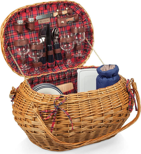 PICNIC TIME Highlander Deluxe Wicker Picnic Basket for 4 with Blanket and Wine Bag, One Size, Red and Blue Tartan Pattern-