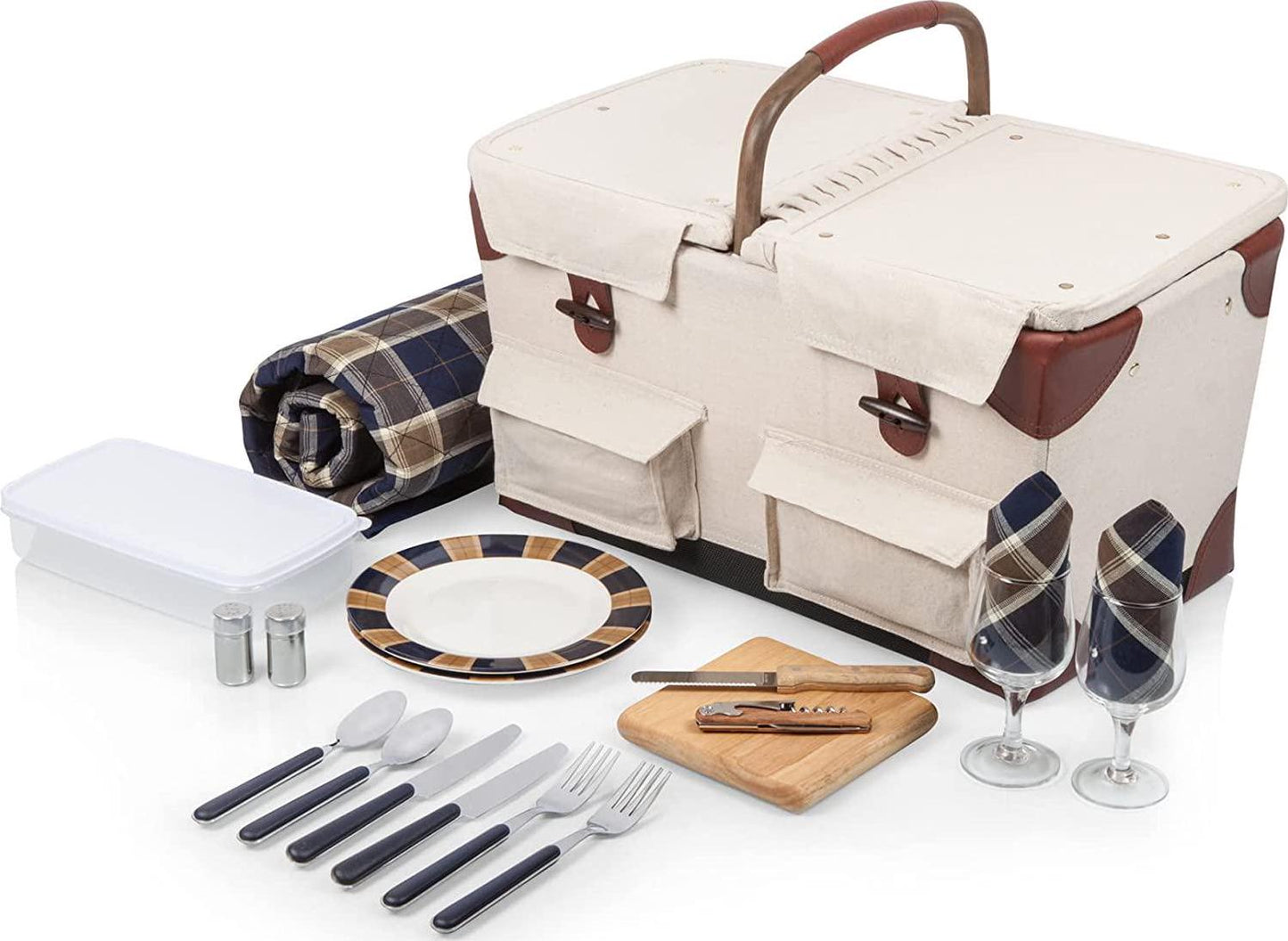 PICNIC TIME Pioneer Deluxe Picnic Basket with Blanket, Original Design Set for 2, Beige Canvas with Navy Blue and Brown Accents-
