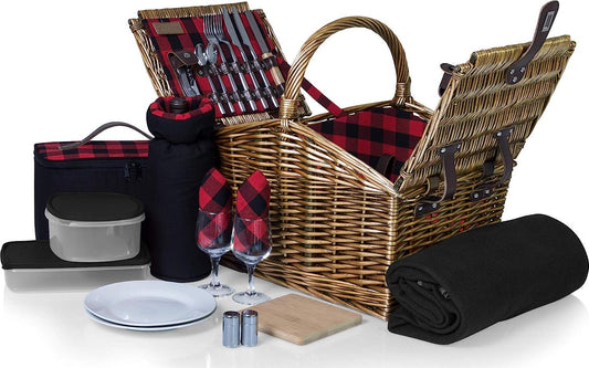 PICNIC TIME Somerset Deluxe Blanket, Soft Cooler Bag, and Romantic Picnic Wine Basket, One Size, Red/Black-