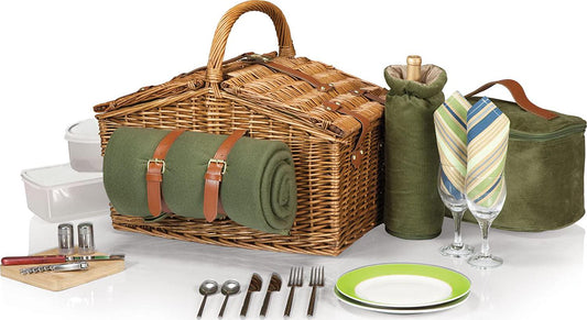 PICNIC TIME Somerset Deluxe Blanket, Soft Cooler Bag, and Romantic Picnic Wine Basket, One Size, Sage Green-