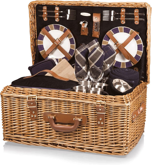 PICNIC TIME Windsor Luxury Wicker Picnic Basket, Deluxe Set for 4, Navy Blue-