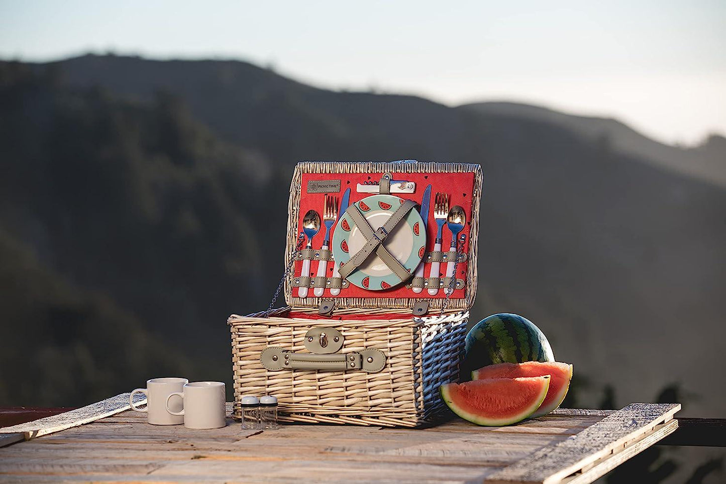 PICNIC TIME Catalina Picnic Basket for 2 - Wicker Picnic Basket with Picnic Set, (Vista Blue with Red Watermelon Pattern)