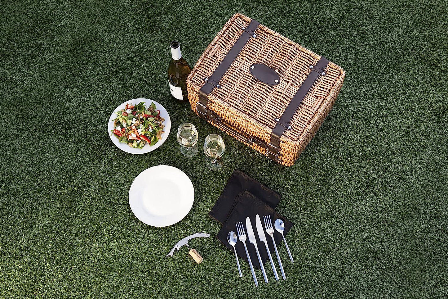 PICNIC TIME Champion Picnic Basket for 2, Large Wicker Hamper Set with Cutlery Service Kit (Black with Brown Accents)