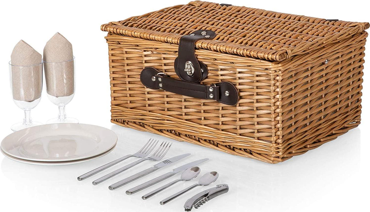 PICNIC TIME Classic Picnic Basket for 2, Romantic Picnic for 2, Wicker Picnic Set, (Beige Canvas)