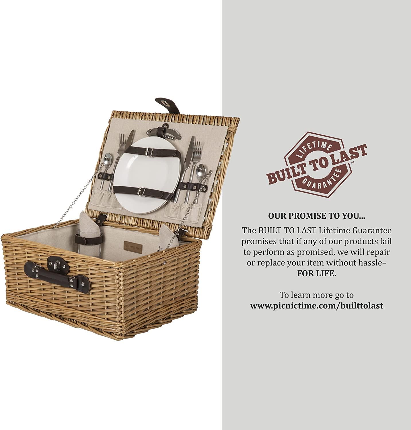 PICNIC TIME Classic Picnic Basket for 2, Romantic Picnic for 2, Wicker Picnic Set, (Beige Canvas)