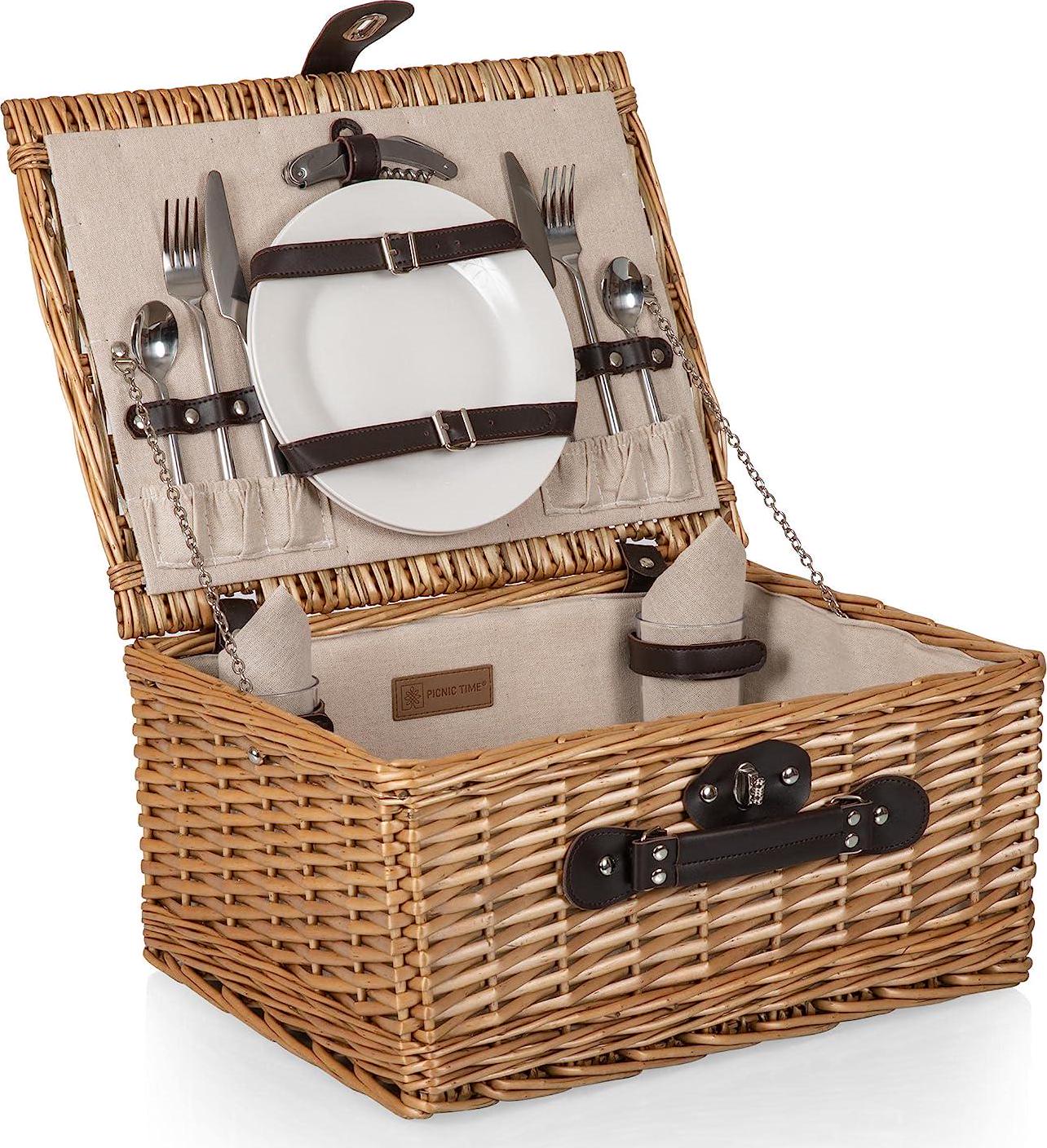 PICNIC TIME Classic Picnic Basket for 2, Romantic Picnic for 2, Wicker Picnic Set, (Beige Canvas)