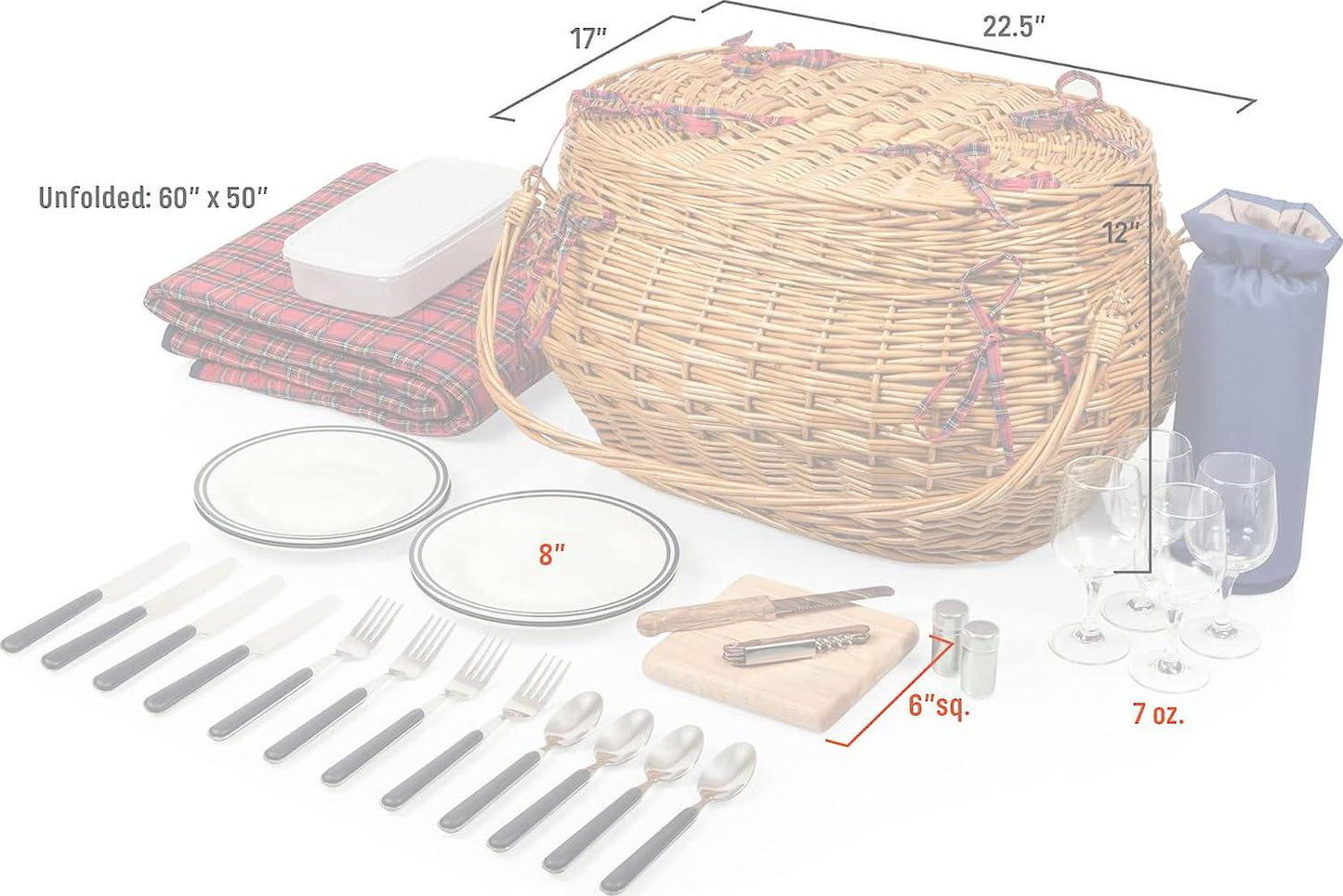 PICNIC TIME Highlander Deluxe Wicker Picnic Basket for 4 with Blanket and Wine Bag, One Size, Red and Blue Tartan Pattern