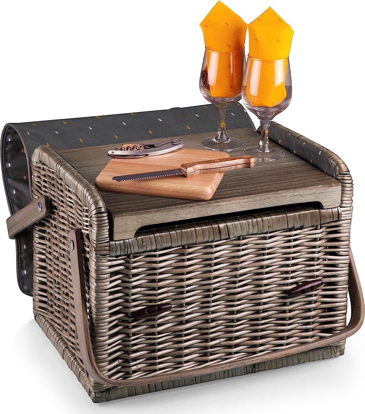 PICNIC TIME Kabrio Wine and Cheese Picnic Basket Set with Lid For 2, One Size, (Anthology Collection-Gray with Gold Accents)
