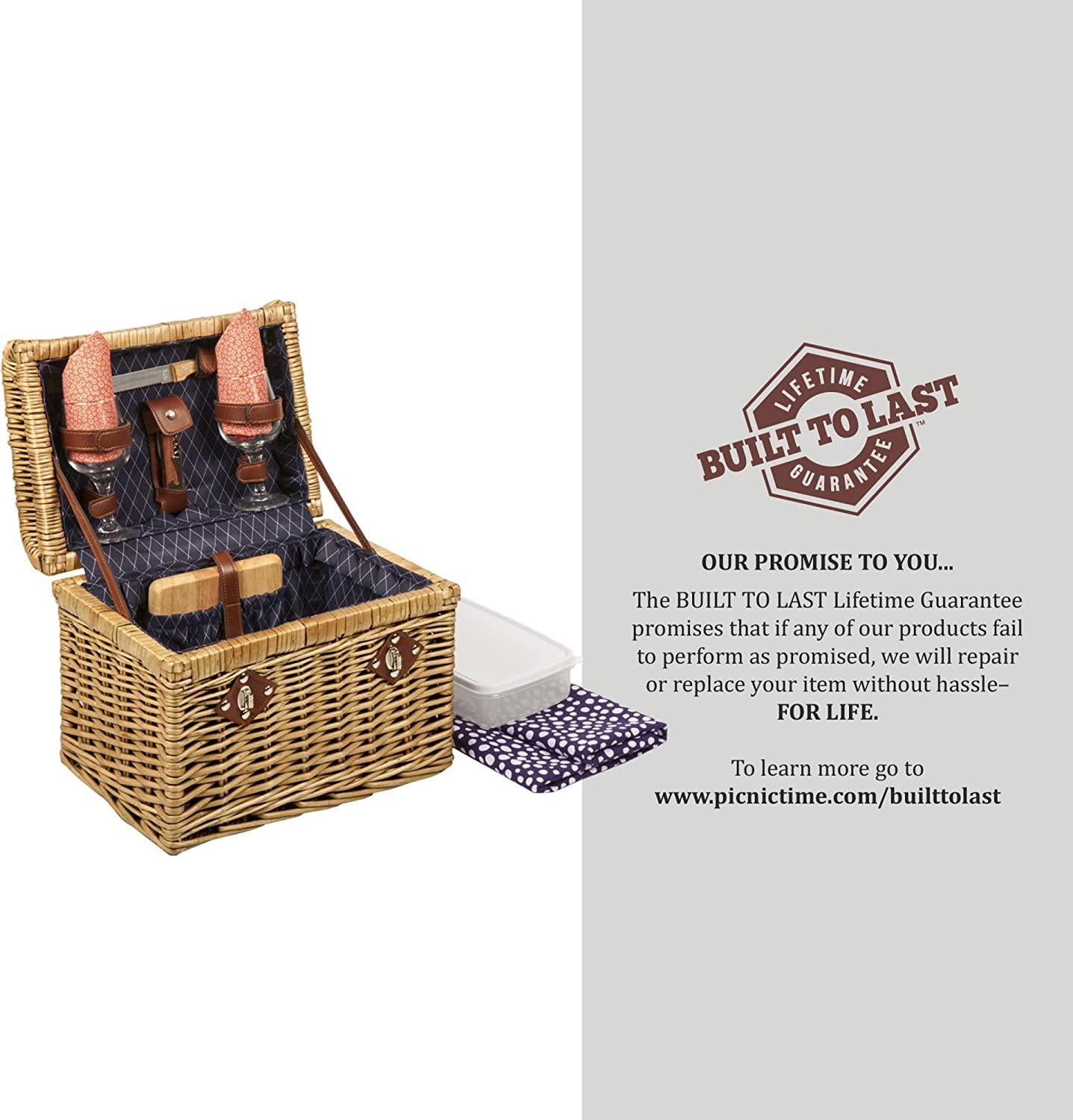 PICNIC TIME - Napa Wine and Cheese Picnic Basket for 2 - Wine Picnic Basket Set - Wine Basket with Wine Glasses and Cheese Board, (Adeline Collection