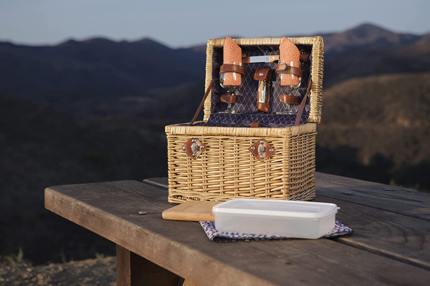PICNIC TIME - Napa Wine and Cheese Picnic Basket for 2 - Wine Picnic Basket Set - Wine Basket with Wine Glasses and Cheese Board, (Adeline Collection