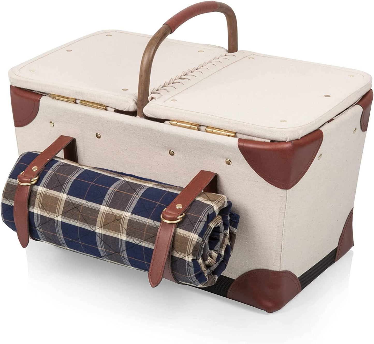 PICNIC TIME Pioneer Deluxe Picnic Basket with Blanket, Original Design Set for 2, Beige Canvas with Navy Blue and Brown Accents