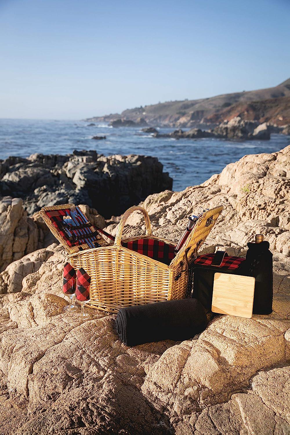 PICNIC TIME Somerset Deluxe Blanket, Soft Cooler Bag, and Romantic Picnic Wine Basket, One Size, Red/Black