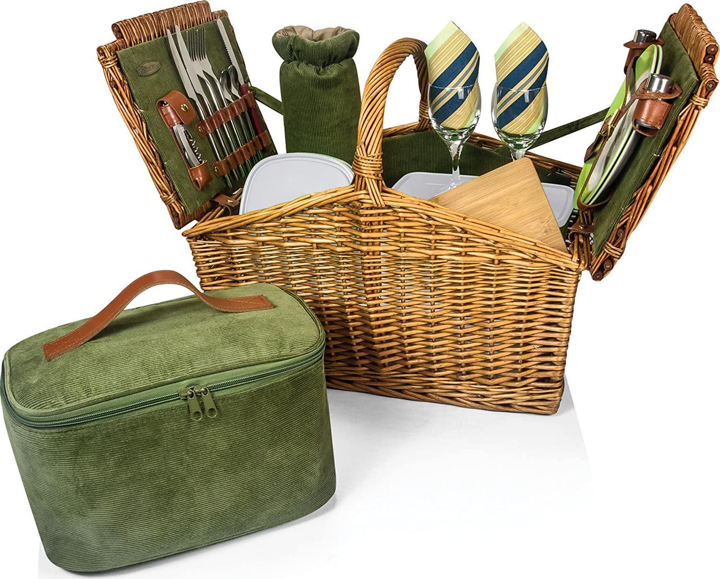 PICNIC TIME Somerset Deluxe Blanket, Soft Cooler Bag, and Romantic Picnic Wine Basket, One Size, Sage Green