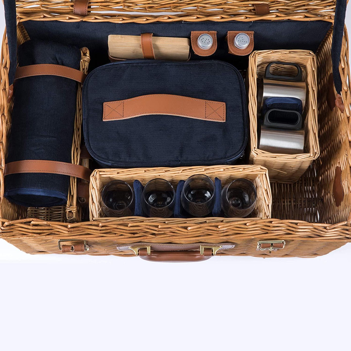 PICNIC TIME Windsor Luxury Wicker Picnic Basket, Deluxe Set for 4, Navy Blue