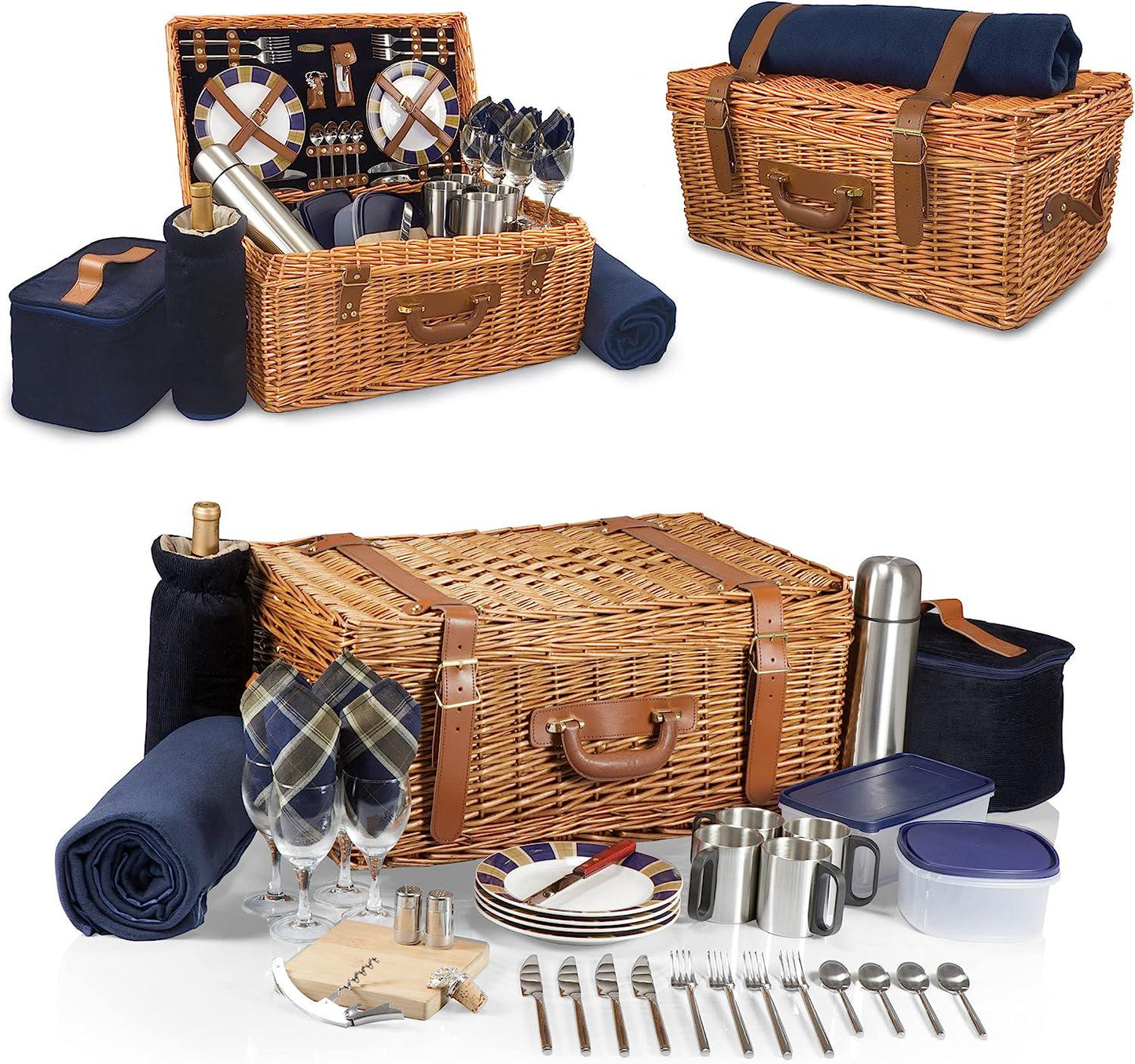 PICNIC TIME Windsor Luxury Wicker Picnic Basket, Deluxe Set for 4, Navy Blue