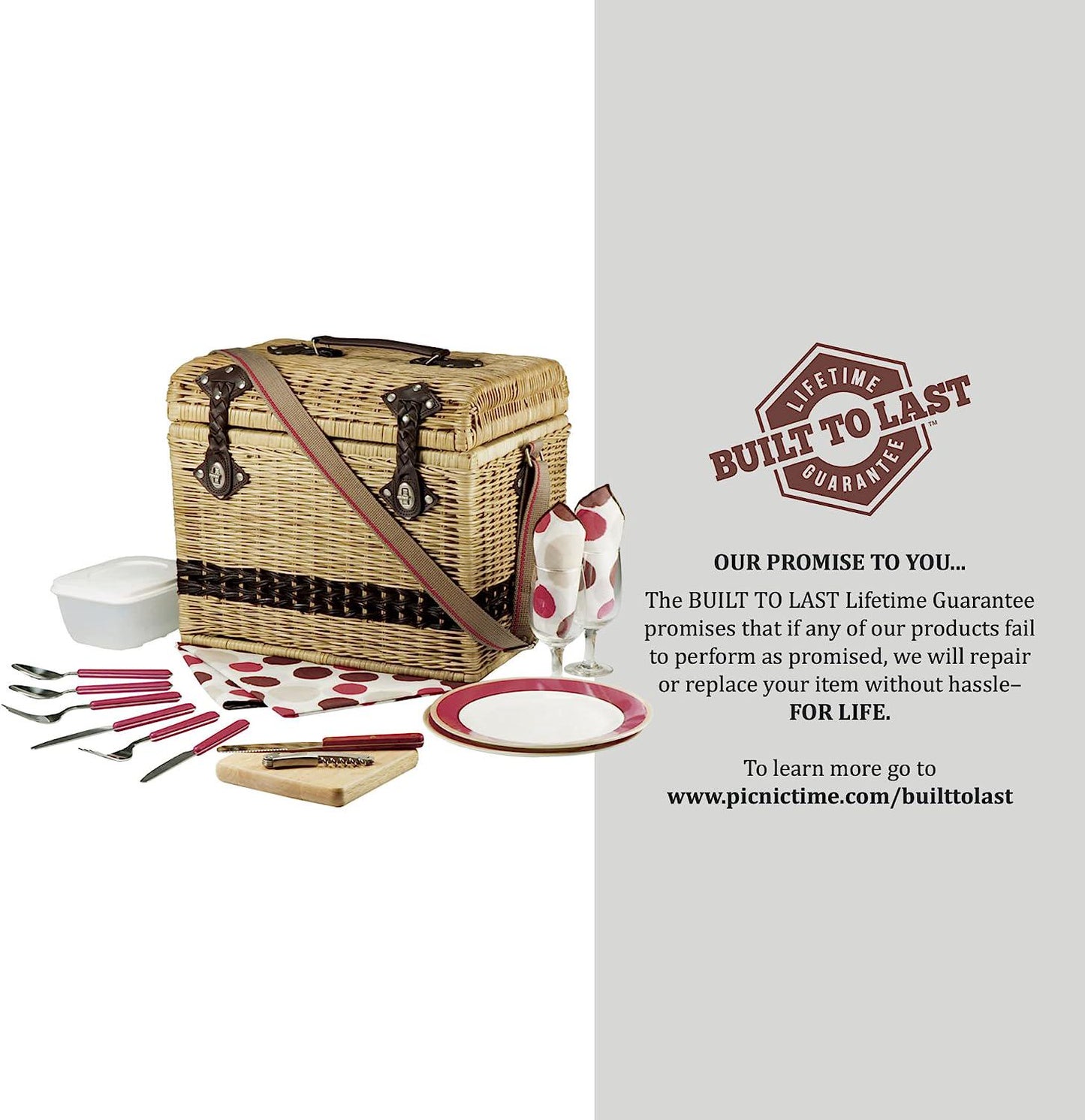 PICNIC TIME Yellowstone Picnic Baskets, Moka Collection - Brown with Beige and Red Accents, One Size