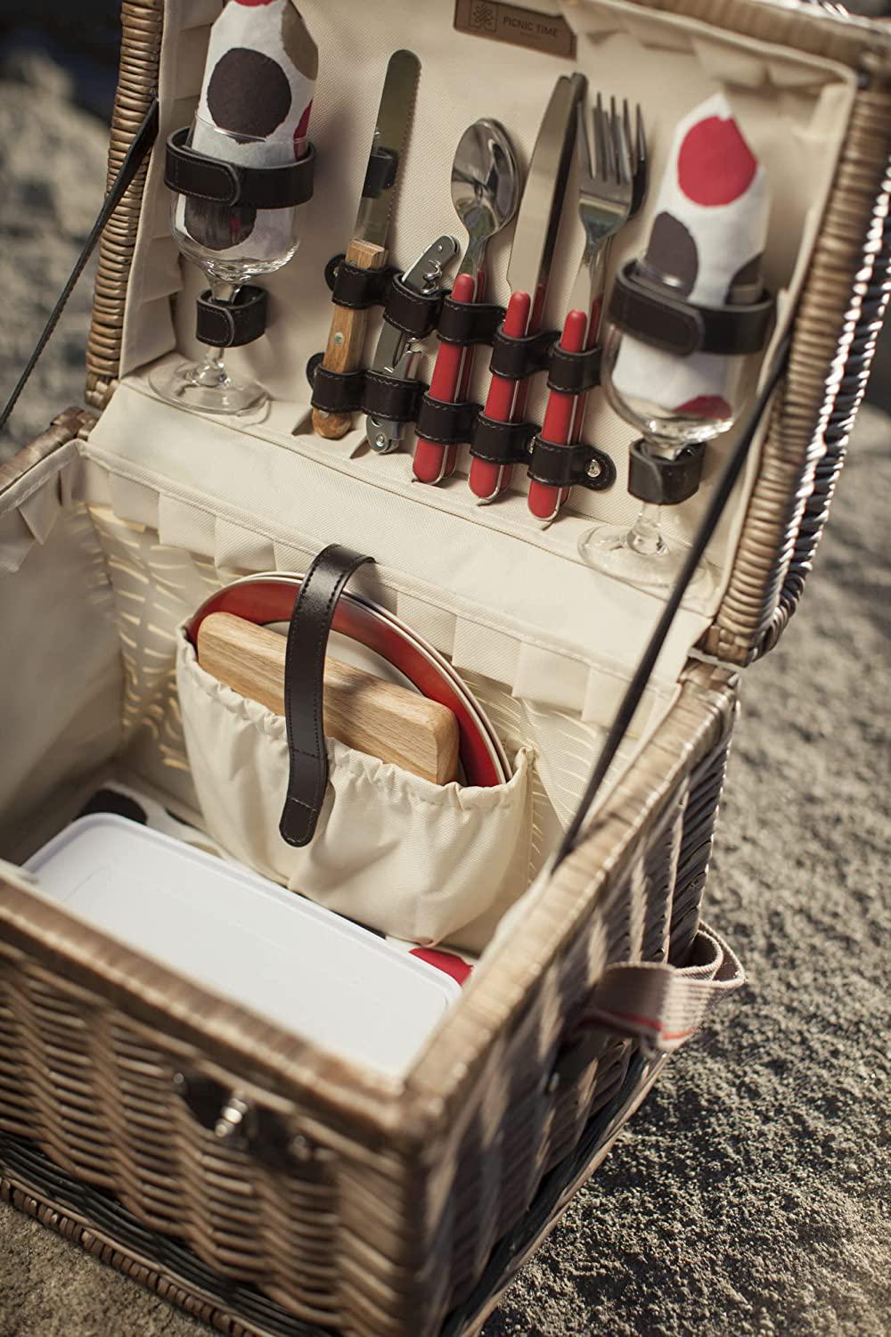 PICNIC TIME Yellowstone Picnic Baskets, Moka Collection - Brown with Beige and Red Accents, One Size