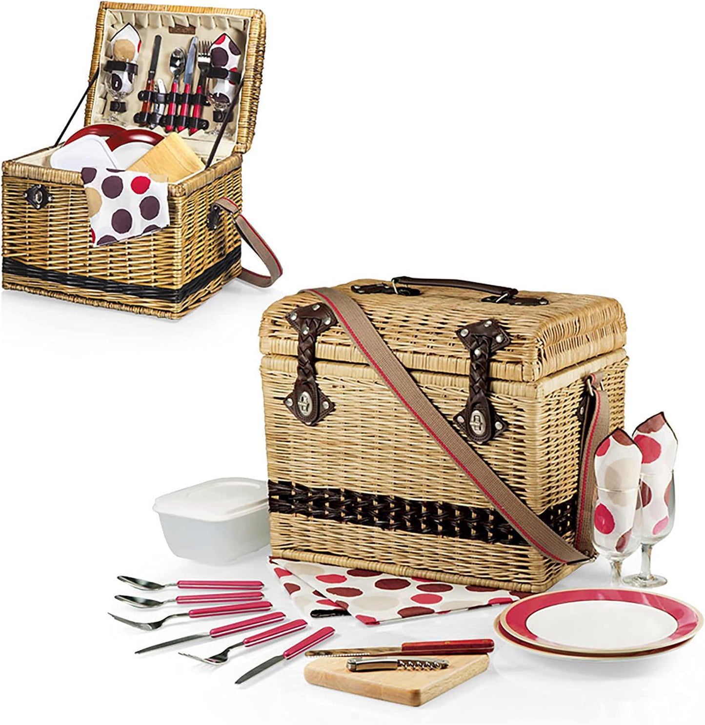 PICNIC TIME Yellowstone Picnic Baskets, Moka Collection - Brown with Beige and Red Accents, One Size