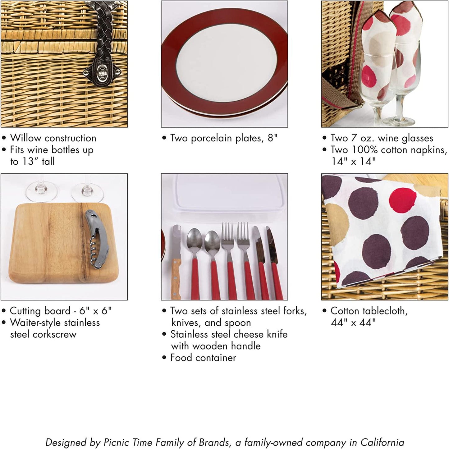 PICNIC TIME Yellowstone Picnic Baskets, Moka Collection - Brown with Beige and Red Accents, One Size