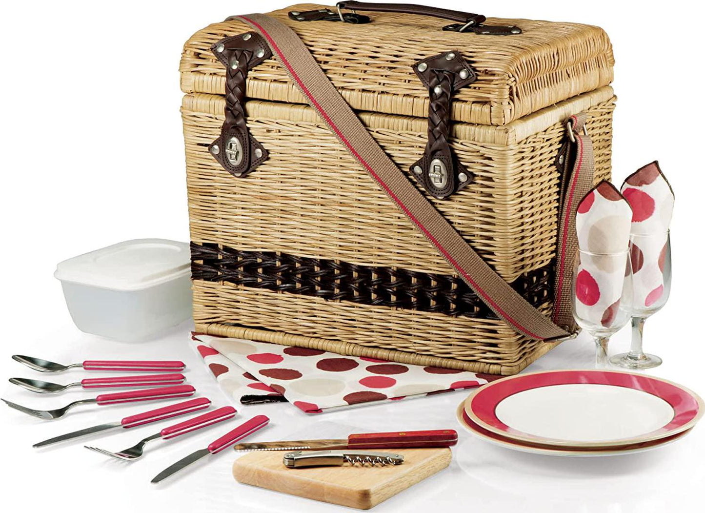 PICNIC TIME Yellowstone Picnic Baskets, Moka Collection - Brown with Beige and Red Accents, One Size