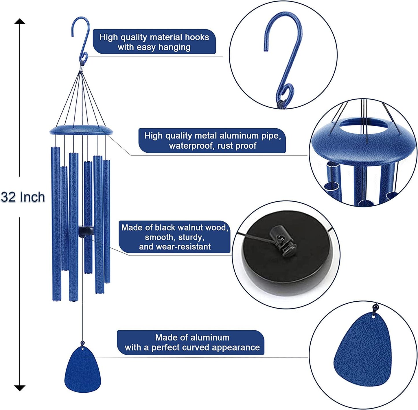 PIXPRI Gift-Wind-Chimes for Outside,Decoration for Garden, Patio, Home, Outdoor. Gift to Relatives and Neighbors, Gift for Mother Klein Blue