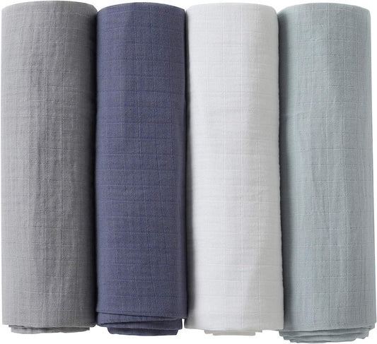 POMISO Muslin Swaddle Blankets, Baby Swaddle Blanket, Large 47 x 47 inches Muslin Baby Blanket wrap for Baby Boys and Girls, 4 Pack, Solid Color, Grey Blue White Green-