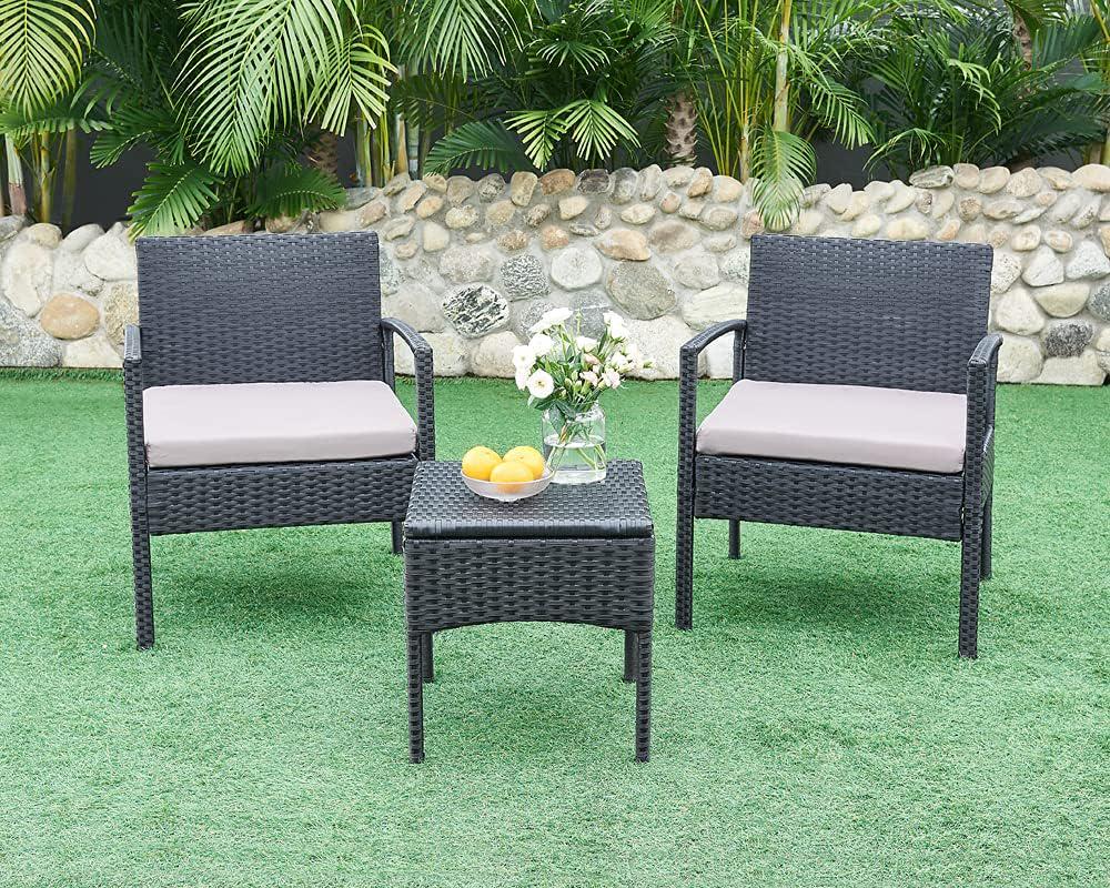 PROHIKER 3 PCS Patio Rattan Conversation Chair Set, 3 PCS Patio Wicker Rattan Furniture Set, Patio Wicker Rattan Table Patio Furniture Set Balcony Furniture Deck Backyard