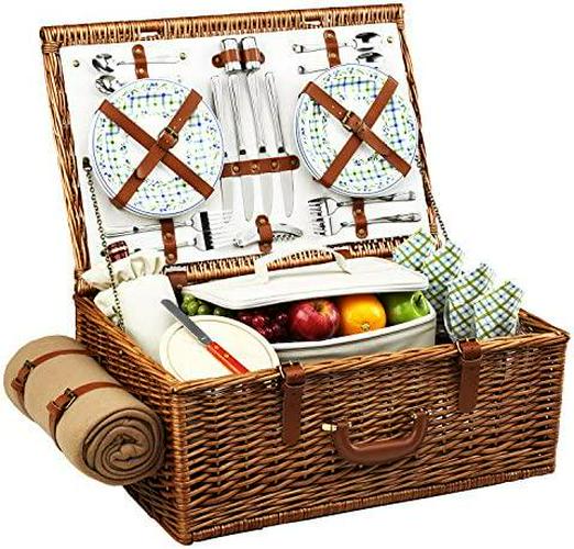 Personalized Picnic at Ascot Original Dorset English-Style Willow Picnic Basket with Service for 4 and Blanket- Designed, Assembled and Quality Approved in The USA-