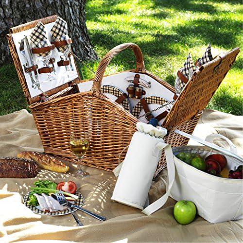 Personalized Picnic at Ascot Dorset English-Style Willow Picnic Basket with Service for 4 - Designed, Assembled and Quality Approved in The USA