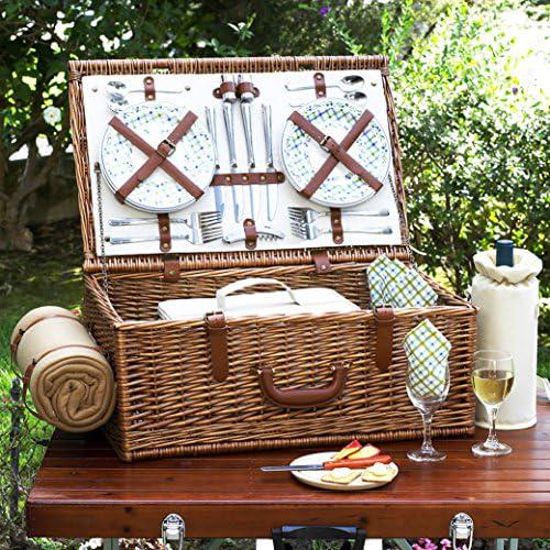 Personalized Picnic at Ascot Original Dorset English-Style Willow Picnic Basket with Service for 4 and Blanket- Designed