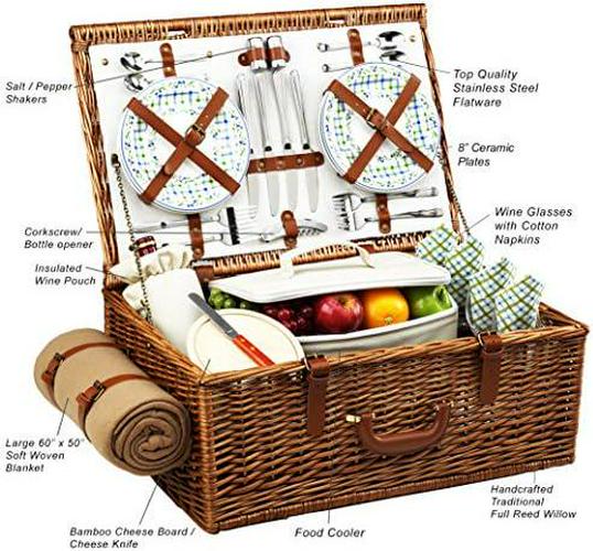 Personalized Picnic at Ascot Original Dorset English-Style Willow Picnic Basket with Service for 4 and Blanket- Designed