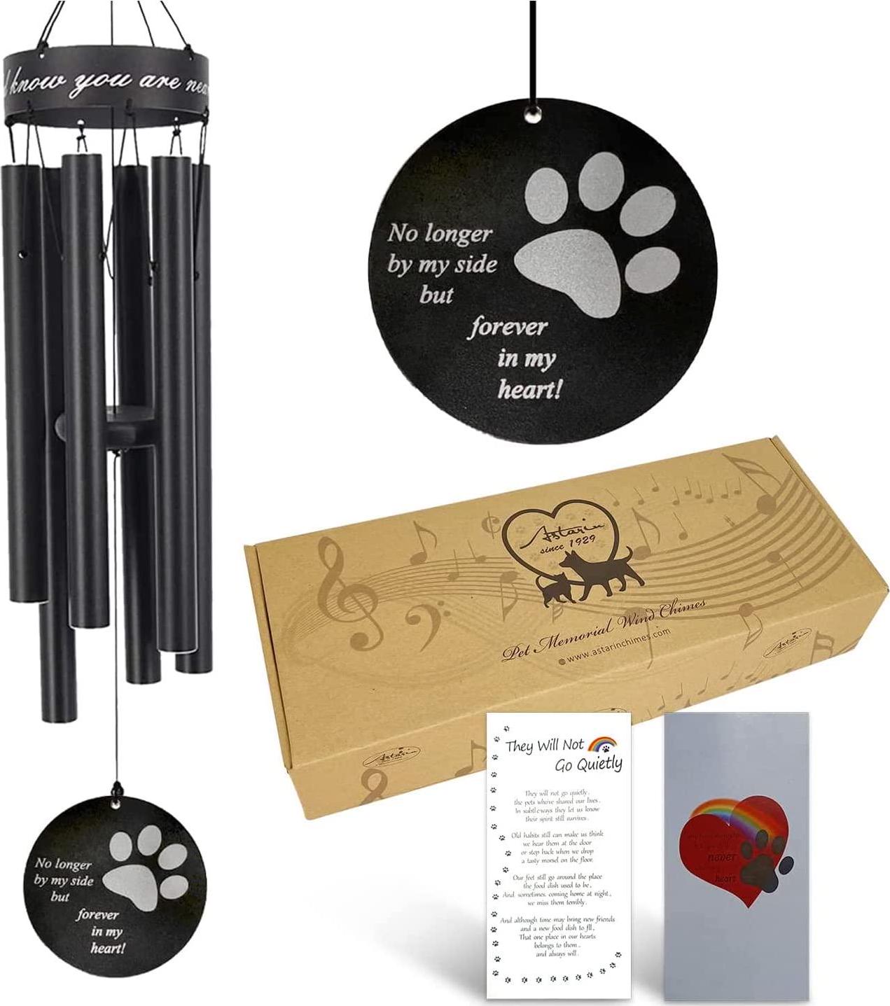 Pet Memorial Wind Chime, 30 Inches Paw Print Pet Remembrance Gift to Honor and Remember a Dog, Cat, or Other Pet, Premium Metal Wind Chime, Black-