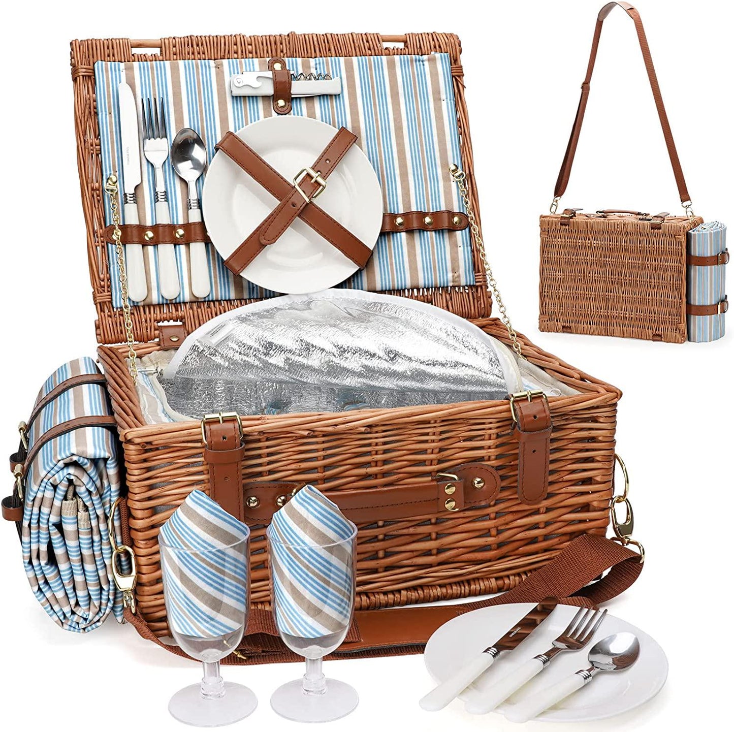 Picnic Cooler Basket Set for 2 Persons with Large Waterproof Picnic Blanket, Cutlery Service Kit and Adjustable Strap-