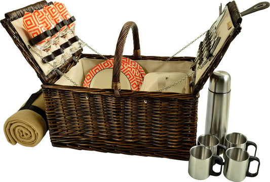 Picnic at Ascot Buckingham Willow Picnic Basket With Blanket And Coffee Service, Brown Wicker/Diamond Orange-
