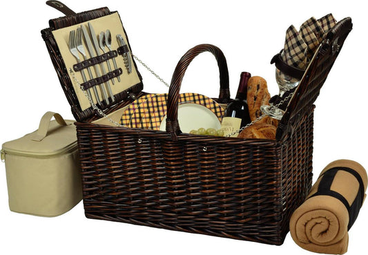 Picnic at Ascot Buckingham Willow Picnic Basket with Service for 4 with Blanket- London Plaid-