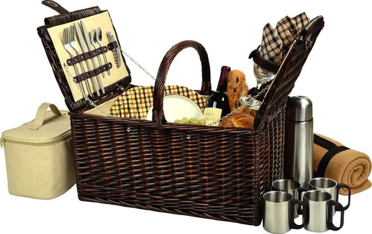 Picnic at Ascot Buckingham Willow Picnic Basket with Service for 4 with Blanket and Coffee Service- Designed, Assembled and Quality Approved in the USA-