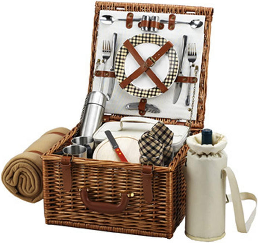 Picnic at Ascot Cheshire English-Style Willow Picnic Basket with Service for 2, Coffee Set and Blanket - London Plaid-
