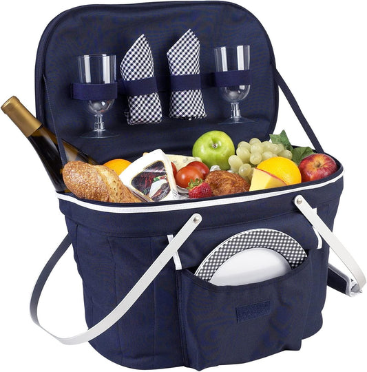 Picnic at Ascot Collapsible Insulated Picnic Basket Equipped with Service For 2 - Navy-