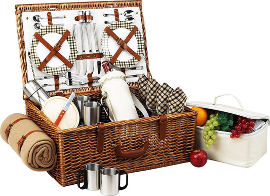 Picnic at Ascot Dorset English-Style Willow Picnic Basket with Service for 4, Coffee Set and Blanket- Designed, Assembled and Quality Approved in the USA-