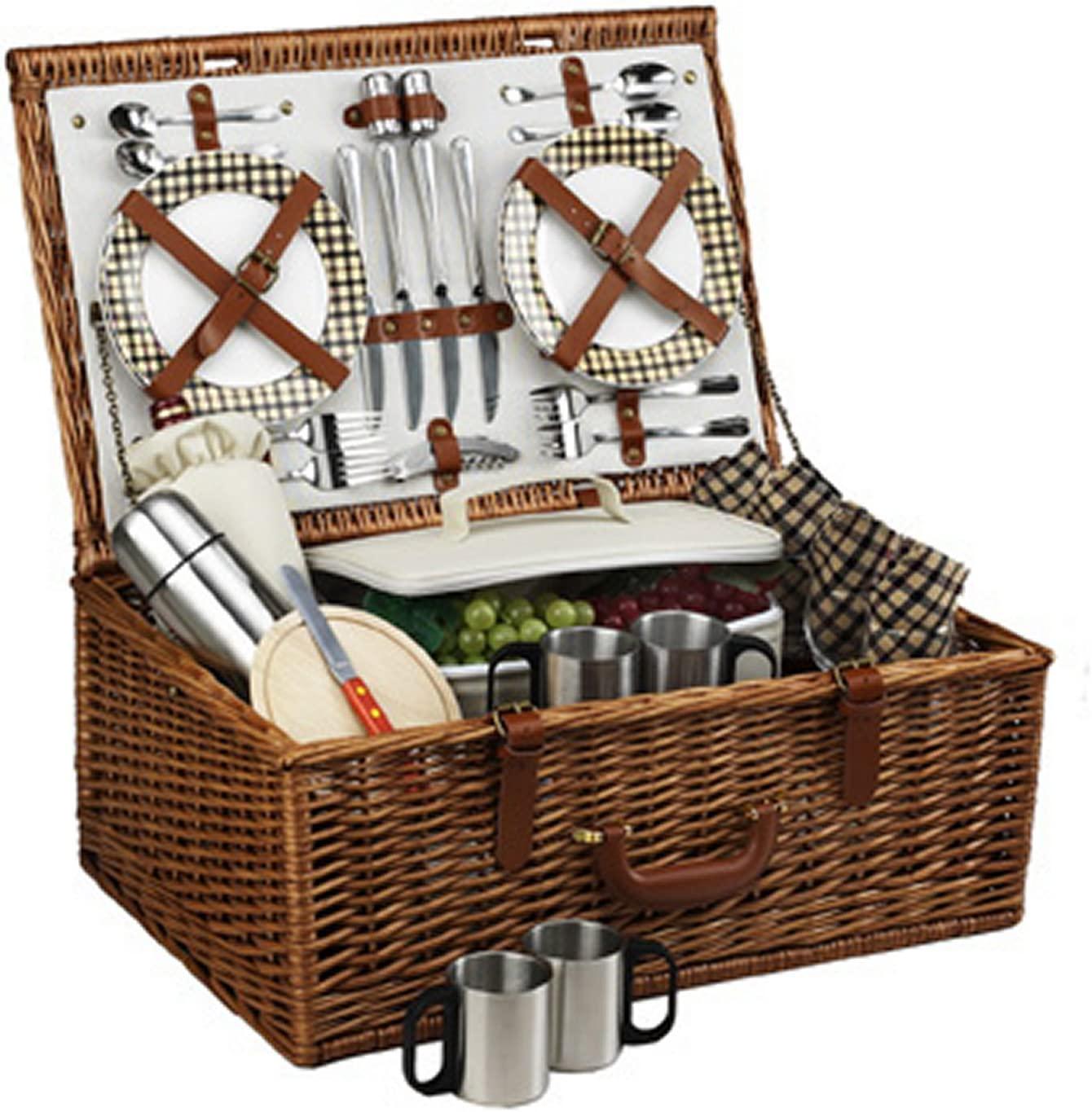 Picnic at Ascot Dorset English-Style Willow Picnic Basket with Service for 4 and Coffee Set - London Plaid-