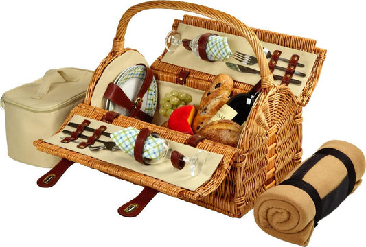 Picnic at Ascot Huntsman English-Style Willow Picnic Basket with Service for 2 and Blanket- Designed, Assembled and Quality Approved in the USA-
