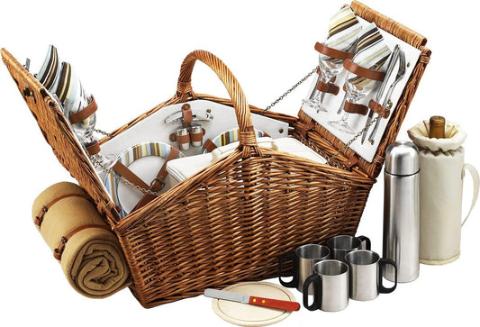 Picnic at Ascot Huntsman English-Style Willow Picnic Basket with Service for 4, Coffee Set and Blanket- Designed, Assembled and Quality Approved in the USA-