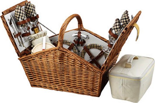 Picnic at Ascot Huntsman English-Style Willow Picnic Basket with Service for 4 - London Plaid-