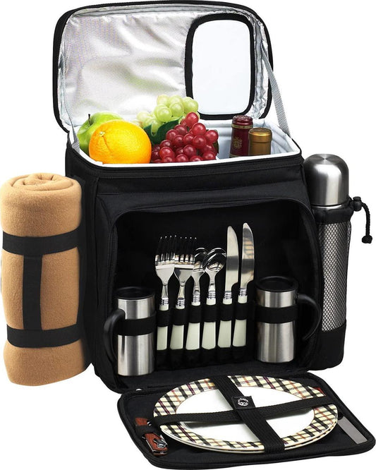 Picnic at Ascot Insulated Picnic Basket/Cooler Fully Equipped for 2 with Coffee Service and blanket - Black-