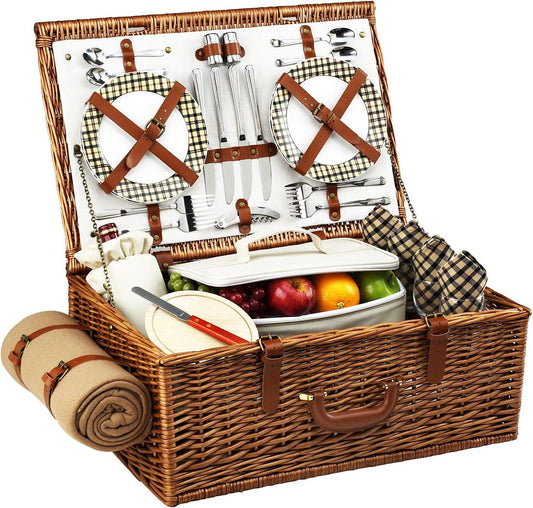 Picnic at Ascot Original Dorset English-Style Willow Picnic Basket with Service for 4 and Blanket- Designed, Assembled and Quality Approved in the USA-