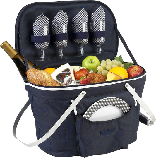 Picnic at Ascot Patented Collapsible Insulated Picnic Basket Equipped with Service For 4- Designed and Assembled in USA-